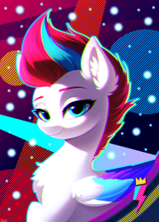 Size: 1100x1536 | Tagged: safe, artist:lanzhou164, imported from derpibooru, zipp storm, pegasus, pony, abstract background, bust, female, g5, mare, portrait, signature, smiling, solo