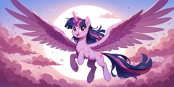 Size: 2400x1200 | Tagged: safe, imported from derpibooru, twilight sparkle, alicorn, pony, ai content, ai generated, cloud, cutie mark, day, female, flying, glowing, glowing horn, horn, outdoors, pink cloud, prompter:greesys, purple eyes, sky, smiling, solo, solo female, spread wings, sun, twilight sparkle (alicorn), wings