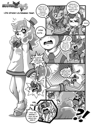 Size: 1500x2044 | Tagged: safe, artist:boastudio, imported from derpibooru, pound cake, pumpkin cake, smooze, oc, oc:apogee, anthro, earth pony, pegasus, unicorn, comic:hooves & fins, ..., black and white, brother and sister, cake twins, comic, disguise, exclamation point, eyes closed, female, grayscale, horn, implied flurry heart, interrobang, laughing, male, monochrome, older, older pound cake, older pumpkin cake, question mark, siblings, simple background, twins, white background