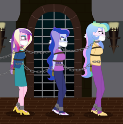 Size: 1872x1887 | Tagged: safe, artist:robukun, imported from derpibooru, princess cadance, princess celestia, princess luna, human, equestria girls, bondage, bound and gagged, chains, cloth gag, dean cadance, female, gag, humanized, marching, principal celestia, tied up, trio, trio female, vice principal luna