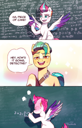 Size: 1440x2232 | Tagged: safe, artist:frank3dz, imported from derpibooru, hitch trailblazer, zipp storm, earth pony, pegasus, pony, blush lines, blushing, chalk, chalkboard, comic, dialogue, duo, duo male and female, ear piercing, earring, female, flustered, g5, hitchzipp, jewelry, male, mare, math, open mouth, open smile, piercing, shipping, signature, smiling, speech bubble, spread wings, stallion, straight, wings