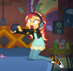 Size: 2944x2836 | Tagged: safe, imported from derpibooru, screencap, sunset shimmer, human, equestria girls, game stream, spoiler:eqg series (season 2), angry, clothes, controller, converse, female, gamer sunset, headphones, my little pony equestria girls: better together, shoes, sneakers, solo, sunset's apartment