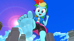 Size: 3840x2160 | Tagged: safe, artist:yeyesreal, imported from derpibooru, rainbow dash, human, equestria girls, 3d, barefoot, city, day, feet, female, fetish, foot fetish, giant human, giantess, macro, soles, solo, toes