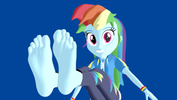 Size: 1600x900 | Tagged: safe, artist:somefootartistsfm, imported from derpibooru, rainbow dash, equestria girls, 3d, feet, fetish, foot fetish, foot focus, looking at you, mmd, my little pony equestria girls: better together, smiling, soles, solo, toes