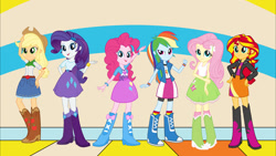 Size: 1280x720 | Tagged: safe, artist:pedro123emanuel, editor:pedro123emanuel, imported from derpibooru, applejack, fluttershy, pinkie pie, rainbow dash, rarity, sunset shimmer, human, equestria girls, belt, boots, clothes, cowboy boots, cowboy hat, female, hat, high heel boots, humane five, jacket, rainbow socks, shirt, shoes, skirt, socks, striped socks, vest