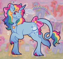 Size: 2216x2060 | Tagged: safe, artist:katkitters, imported from derpibooru, confetti (g1), flutterbye, moonstone, parasol (g1), pinwheel, starflower, starshine, tickle (g1), trickles, windy (g1), classical unicorn, pony, unicorn, bow, cloven hooves, female, g1, horn, jewelry, leonine tail, logo, looking at you, mare, multicolored mane, multicolored tail, necklace, rainbow ponies, reference sheet, sky dancer, solo, tail, tail bow, unshorn fetlock, unshorn fetlocks