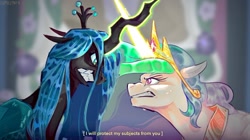 Size: 1491x837 | Tagged: safe, artist:kinzig81, imported from derpibooru, princess celestia, queen chrysalis, alicorn, changeling, changeling queen, pony, a canterlot wedding, angry, bust, crossed horns, duo, duo female, female, floppy ears, furrowed brow, glowing, glowing horn, gritted teeth, horn, horns are touching, indoors, looking at each other, looking at someone, mare, my little pony, scene interpretation, scowl, subtitles, teeth, text