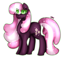 Size: 1280x1159 | Tagged: safe, artist:dazzlingmimi, imported from derpibooru, cheerilee, earth pony, pony, darkened coat, diamond pupils, female, mare, nightmare cheerilee, nightmarified, simple background, smiling, solo, starry hair, transparent background, wings