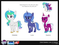 Size: 1304x1008 | Tagged: safe, imported from derpibooru, opaline arcana, princess celestia, princess luna, alicorn, pony, atomic cartoons logo, concept art, eone, female, filly, filly celestia, filly luna, filly opaline arcana, foal, g5, my little pony logo, my little pony: make your mark, my little pony: make your mark chapter 4, official, opaline is short, size comparison, sunny side up, trio, trio female, younger