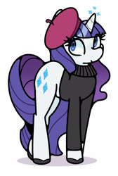 Size: 1287x1917 | Tagged: safe, artist:kindakismet, imported from derpibooru, rarity, pony, unicorn, beatnik rarity, beret, clothes, hat, horn, simple background, smiling, solo, sparkles, sweater, white background