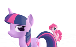 Size: 1920x1200 | Tagged: safe, artist:puzzlshield2, imported from derpibooru, pinkie pie, twilight sparkle, earth pony, pony, unicorn, 3d, 3d render, breaking the fourth wall, duo, female, hoof fluff, horn, magic the traveling, mmd, recreation, remake, render, unicorn twilight, unimpressed, void