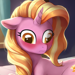 Size: 2048x2048 | Tagged: safe, imported from derpibooru, luster dawn, pony, unicorn, ai content, ai generated, blushing, butt, derp, female, floppy ears, flowing mane, generator:stable diffusion, horn, indoors, mare, prompter:button fixer, solo, solo female, tail