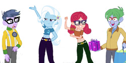 Size: 900x452 | Tagged: safe, artist:warioman69, edit, editor:warioman69, imported from derpibooru, alizarin bubblegum, celery stalk, microchips, trixie, equestria girls, alizary, blood, female, glasses, male, microtrix, midriff, nosebleed, shipping, straight