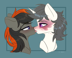 Size: 2500x2000 | Tagged: safe, artist:shelti, imported from derpibooru, oc, oc only, oc:suri blaze, oc:weiße feder, pegasus, pony, unicorn, burn scar, female, horn, kissing, male, mare, scar, stallion