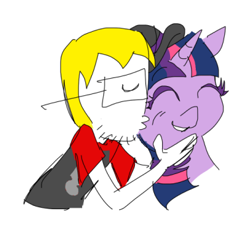 Size: 378x358 | Tagged: safe, anonymous artist, imported from twibooru, twilight sparkle, human, pony, unicorn, barneyfag, cheek kiss, don turtelli, don turtelli's hat, eyelashes, eyes closed, female, glasses, happy, hat, human on pony kissing, image, kissing, male, man, mare, nate (soyjak), png, soyjak, soyjak.party, stubble