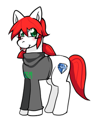 Size: 621x751 | Tagged: safe, anonymous artist, imported from twibooru, earth pony, pony, blushing, clothes, cutie mark, female, gem, green eyes, hoodie, image, looking at you, mare, png, ponified, red mane, red tail, soygem.party, soyjak, tama, tongue out, white coat