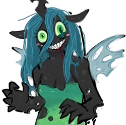 Size: 940x938 | Tagged: safe, artist:partyinmyigloo, imported from derpibooru, queen chrysalis, anthro, changeling, blood, bloody mouth, blushing, clothes, dress, evil grin, eyeshadow, fangs, female, grin, insanity, makeup, sharp teeth, simple background, smiling, solo, teeth, torn clothes, white background