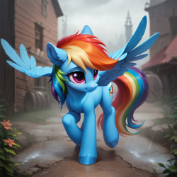 Size: 1024x1024 | Tagged: safe, imported from derpibooru, rainbow dash, pegasus, pony, ai content, ai generated, generator:pony diffusion v6 xl, generator:stable diffusion, outdoors, prompter:teonanakatle, rain, solo