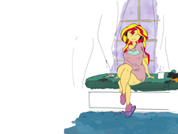 Size: 4800x3600 | Tagged: safe, artist:ponny, imported from derpibooru, sunset shimmer, human, equestria girls, bread, carpet, clothes, coffee mug, colored, couch, curtains, eyes closed, food, fork, headphones, jacket, mug, oversized clothes, oversized shirt, phone, saucer, shirt, shoe dangling, sitting up, slippers, socks, solo, t-shirt, window