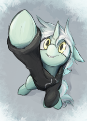 Size: 1422x1970 | Tagged: safe, artist:candel, imported from derpibooru, lyra heartstrings, pony, unicorn, fanfic:background pony, crying, dig the swell hoodie, female, horn, mare, perspective, pointing, smiling, snow, solo, standing on two hooves, teary eyes, underhoof