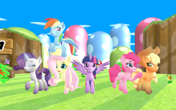 Size: 1920x1200 | Tagged: safe, artist:puzzlshield2, imported from derpibooru, applejack, fluttershy, pinkie pie, rainbow dash, rarity, twilight sparkle, alicorn, earth pony, pegasus, pony, unicorn, 3d, 3d render, crossover, female, flying, g5, hoof fluff, horn, magic, magic aura, mane six, mmd, my little pony: a new generation, recreation, super mario bros.