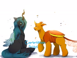 Size: 2048x1536 | Tagged: safe, artist:mikkybun, imported from derpibooru, queen chrysalis, oc, changedling, changeling, changeling queen, commission, crying, duo, female, simple background, sitting, watermark, white background