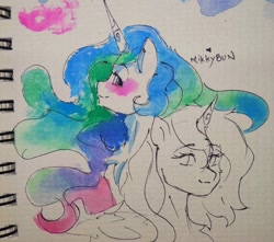 Size: 2048x1811 | Tagged: safe, artist:mikkybun, imported from derpibooru, princess celestia, princess luna, alicorn, pony, blushing, duo, female, looking at each other, looking at someone, looking back, mare, traditional art, watercolor painting