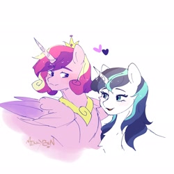 Size: 2048x2048 | Tagged: safe, artist:mikkybun, imported from derpibooru, princess cadance, shining armor, alicorn, pony, unicorn, blushing, chest fluff, duo, female, floating heart, gleaming bolero, gleaming shield, heart, horn, jewelry, looking at each other, looking at someone, male, mare, peytral, prince bolero, regalia, rule 63, shiningcadance, shipping, simple background, stallion, straight, white background