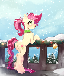 Size: 3048x3594 | Tagged: safe, artist:draco zero, imported from derpibooru, roseluck, earth pony, pony, alternate hairstyle, bell, bell collar, braid, braided tail, christmas ornament, collar, commission, commissioner:doom9454, decoration, dock, pony pet, ponytail, rosepet, snow, standing, tail, winter