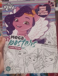 Size: 2428x3200 | Tagged: safe, imported from derpibooru, izzy moonbow, pipp petals, zipp storm, coloring book, g5, my little pony logo, photo, spanish