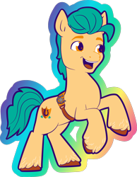 Size: 1282x1650 | Tagged: safe, imported from derpibooru, hitch trailblazer, earth pony, pony, g5, g5 brand assets, male, official, open mouth, open smile, rainbow outline, simple background, smiling, solo, stallion, transparent background, unshorn fetlocks