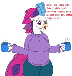 Size: 2223x2369 | Tagged: safe, artist:supahdonarudo, imported from derpibooru, queen novo, anthro, hippogriff, my little pony: the movie, breasts, busty queen novo, chubby, clothes, coffee mug, curvy, dialogue, female, holding, milf, mug, simple background, sweater, talking to viewer, text, transparent background