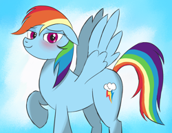 Size: 3300x2550 | Tagged: safe, anonymous artist, imported from derpibooru, rainbow dash, pegasus, pony, blushing, floppy ears, gradient background, looking at you, raised hoof, shading, solo