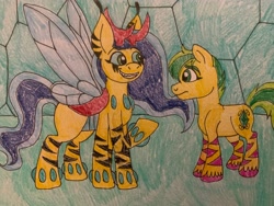 Size: 4032x3024 | Tagged: safe, artist:adeanthepurpledragon, imported from derpibooru, oc, oc:bee-zlebub, oc:emerald dream, changedling, changeling, earth pony, the hive, traditional art