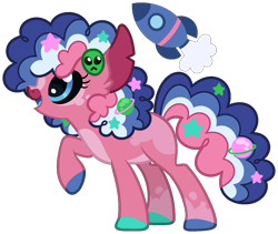 Size: 1412x1192 | Tagged: safe, artist:strawberry-spritz, imported from derpibooru, oc, oc only, earth pony, pony, base used, big ears, black sclera, blaze (coat marking), blue eyes, blue hooves, blue mane, blue mouth, blue tail, blue tongue, coat markings, colored belly, colored hooves, colored mouth, colored pinnae, colored tongue, commission, crossover fusion, curly mane, curly tail, earth pony oc, eye markings, eyelashes, facial markings, female, female oc, fusion, fusion:pinkie pie, fusion:stitch, hair accessory, hairclip, hooves, leg markings, lilo and stitch, long tail, mane accessory, mare, mare oc, mismatched hooves, multicolored hooves, open mouth, open smile, pale belly, pink coat, profile, raised hoof, simple background, smiling, snip (coat marking), solo, splotches, standing on three hooves, tail, tail accessory, tail clip, torn ear, transparent background