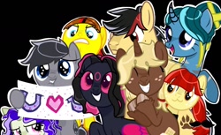 Size: 1280x782 | Tagged: safe, artist:tayota, imported from derpibooru, oc, oc:kesha, oc:klaus, oc:lychee, oc:tayota, oc:tweek, earth pony, pegasus, pony, unicorn, group, horn