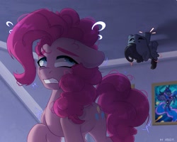 Size: 2048x1638 | Tagged: safe, artist:shelti, pinkie pie, princess luna, oc, oc only, pony, female, foal, grin, mare, smiling, upside down