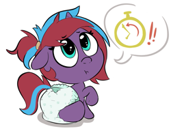 Size: 969x744 | Tagged: safe, artist:lazynore, imported from derpibooru, oc, oc only, oc:charming dazz, pony, unicorn, age regression, clock, diaper, eyebrows, eyebrows visible through hair, female, female oc, filly, filly oc, floppy ears, foal, horn, looking at you, looking up, looking up at you, sitting, speech bubble, two toned mane, unicorn oc, younger