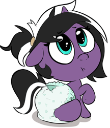 Size: 600x696 | Tagged: safe, alternate version, artist:lazynore, imported from derpibooru, oc, oc only, oc:charming dazz, pony, skunk, unicorn, age regression, clock, diaper, eyebrows, eyebrows visible through hair, female, female oc, filly, filly oc, floppy ears, foal, horn, looking at you, looking up, looking up at you, sitting, two toned mane, unicorn oc, younger