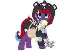 Size: 2360x1640 | Tagged: safe, artist:mommymidday, imported from derpibooru, derpy hooves, oc, oc only, oc:charming dazz, pony, unicorn, bag, clothes, costume, diaper, diaper fetish, diaper under clothes, female, fetish, hoof hold, horn, kigurumi, looking at you, mare, mare oc, non-baby in diaper, onesie, outline, plushie, saddle bag, signature, simple background, tail, transparent background, two toned mane, two toned tail, unicorn oc, white outline