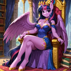 Size: 1248x1248 | Tagged: safe, imported from derpibooru, twilight sparkle, alicorn, anthro, pony, ai content, ai generated, book, castle, clothes, crown, dress, female, golden throne, hooves, jewelry, legs together, library, prompter:ramaca, regalia, smiling, solo, solo female, throne, throne room, twilight sparkle (alicorn), wings