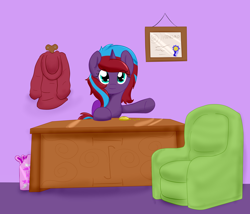 Size: 3500x3000 | Tagged: safe, artist:ricktin, imported from derpibooru, oc, oc only, oc:charming dazz, pony, unicorn, armchair, bag, certificate, chair, clock, clothes, diaper, diaper bag, female, female oc, horn, implied mental regression, indoors, looking at you, mare, mare oc, office, pocket watch, shirt, sitting, table, two toned mane, unicorn oc, waving