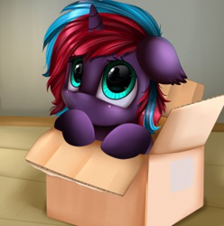 Size: 298x300 | Tagged: safe, artist:pridark, imported from derpibooru, oc, oc only, oc:charming dazz, pony, unicorn, big eyes, box, cute, female, filly, filly oc, floppy ears, foal, horn, indoors, looking at you, looking up, pony in a box, solo, two toned mane, unicorn oc