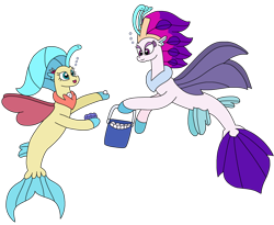 Size: 2641x2168 | Tagged: safe, artist:supahdonarudo, imported from derpibooru, princess skystar, queen novo, seapony (g4), my little pony: the movie, bubble, bucket, clam, female, holding, mother and child, mother and daughter, pearl, simple background, transparent background