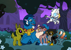 Size: 1414x1000 | Tagged: safe, artist:melspyrose, artist:zetikoopa, imported from derpibooru, dragon lord torch, grogar, prince blueblood, oc, oc:khalfani, deer, dragon, griffon, rabbit, reindeer, sheep, them's fightin' herds, animal, community related, male, monster prince blueblood, ram, springtrap, stronghoof hoofstrong (tfh), younger