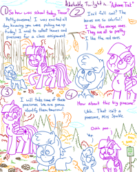 Size: 4779x6013 | Tagged: safe, artist:adorkabletwilightandfriends, imported from derpibooru, twilight sparkle, oc, oc:trevor, alicorn, comic:adorkable twilight and friends, adorkable, adorkable twilight, autumn, autumn leaves, colt, comic, conversation, crunch, cute, disgusted, dork, duo, excited, excitement, foal, forest, leaf, leaves, male, nature, park, pinecone, poop, rule 63, sign, slice of life, tree, twilight sparkle (alicorn), walking, wonder