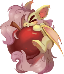 Size: 3306x3831 | Tagged: safe, artist:cutepencilcase, imported from derpibooru, fluttershy, bat pony, pony, apple, bat ponified, fangs, flutterbat, food, happy, le nom, nom, race swap, simple background, smiling, solo, transparent background