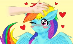 Size: 4381x2648 | Tagged: safe, imported from derpibooru, rainbow dash, pegasus, blushing, hand, heart, petting