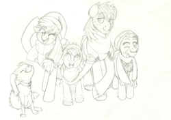 Size: 6000x4225 | Tagged: safe, artist:prismspark, imported from derpibooru, apple bloom, applejack, big macintosh, granny smith, winona, dog, earth pony, pony, absurd resolution, apple family, black and white, clothes, eye clipping through hair, eyebrows, eyebrows visible through hair, eyes closed, female, filly, foal, grayscale, group, hat, headphones, looking at you, male, mare, monochrome, one eye closed, open mouth, raised hoof, scarf, simple background, smiling, smiling at you, stallion, unshorn fetlocks, waving, white background, winter hat, winter outfit