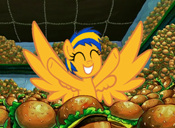 Size: 948x696 | Tagged: safe, artist:mlpfan3991, imported from derpibooru, oc, oc only, oc:flare spark, pegasus, base used, burger, eyes closed, female, food, hamburger, just one bite, krabby patty, smiling, solo, spongebob squarepants